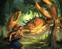 a painting of a man fighting a giant crab in the woods