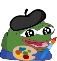 a green frog wearing a black beret and holding a palette and brush