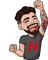 a cartoon drawing of a man with a beard wearing a shirt that says n on it