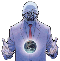 a man in a suit and tie holds a glowing earth in his hands