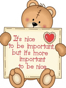 a teddy bear is holding a sign that says " it 's nice to be important but it 's more important to be nice "