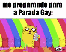 a cartoon character is dancing in front of a rainbow background and the words me preparando para a parada gay