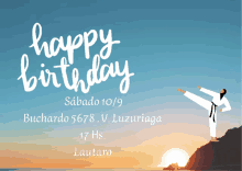 an advertisement for a happy birthday celebration with a sunset in the background