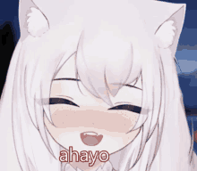 a white anime girl with a cat ear and the word ahayo on her face