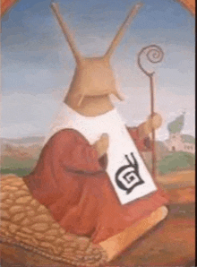 a painting of a snail in a robe holding a cane and a scroll .