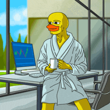 a cartoon of a duck in a bathrobe holding a coffee mug