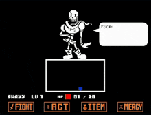 a skeleton in a video game with a speech bubble saying " fuck "