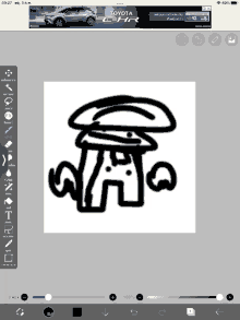 a drawing of a mushroom with a toyota c-hr advertisement in the background