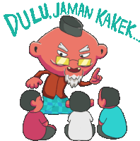 a cartoon of a man talking to a group of children and the words dulu jaman kakek