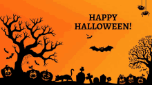 a happy halloween greeting card with a tree bats pumpkins and spiders