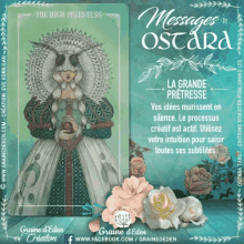 a tarot card titled messages de ostara has a picture of a woman holding an apple