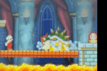 a video game scene with mario and bowser in a castle surrounded by flames