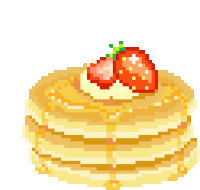 a pixel art illustration of pancakes with strawberries and syrup