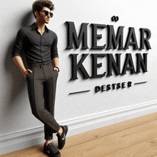 a man in a black shirt leans against a wall with the name memar konan on it