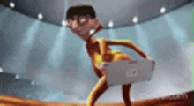 a cartoon character is holding a laptop on his back in a room .