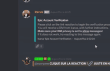 a screenshot of a chat with icarus bot and epic account verification