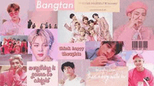 a collage of pictures of bts members in pink clothes .