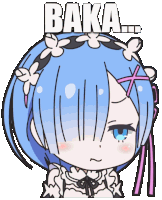 a cartoon drawing of a girl with blue hair and the word baka