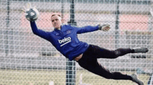 a soccer goalkeeper is jumping in the air to catch a ball .