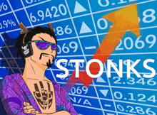 a man with a tattoo on his chest is standing in front of a stock chart that says stonks