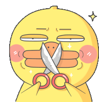 a yellow cartoon duck is holding a pair of scissors in its mouth