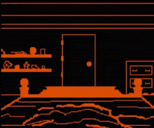 a black and orange pixel art of a room with a door