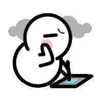 a cartoon character is sitting on a tablet with a cloud behind him