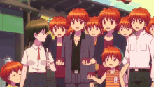 a group of anime characters with red hair are standing in a crowd