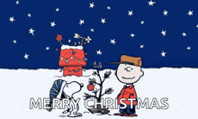 a cartoon of snoopy and charlie brown with the words merry christmas