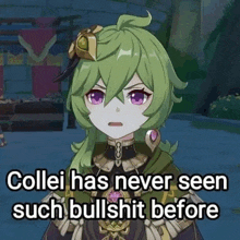 a video game character with green hair and purple eyes is talking about collei .