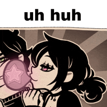 a cartoon of a girl kissing a boy with the words uh huh below it