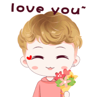 a cartoon of a boy holding a bouquet of flowers with the words " love you " above him