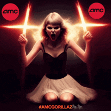 a poster for a movie called amc gorillaz with a woman holding glowing lightsabers