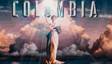 a columbia logo with a woman in a white dress