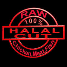 a red and black label that says raw 100 % halal cut chicken meat fish