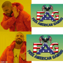 a man in an orange jacket is making a funny face in front of a logo for fag free american gaming