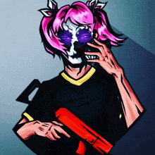 a drawing of a girl with pink hair and a skull mask holding a gun