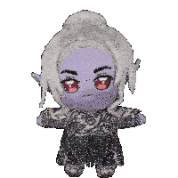 a stuffed doll with purple hair and red eyes is standing in front of a white background .