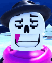 a skeleton wearing a black hat and a pink scarf has a pink tongue sticking out