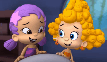 two cartoon characters one with purple hair and one with yellow hair are standing next to each other