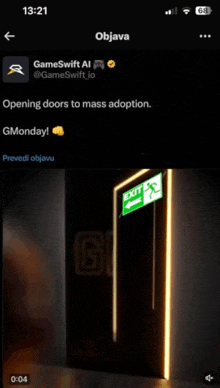 a phone screen shows an exit sign and says " opening doors to mass adoption gmonday "