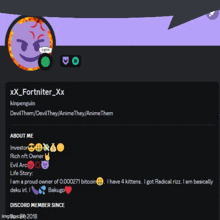 a screenshot of a person 's profile that says kinpenguin on it