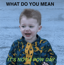 a little boy is crying with the words what do you mean it 's not a pow day above him