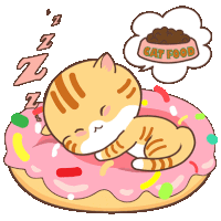 a cartoon cat is sleeping on a donut and dreaming of cat food