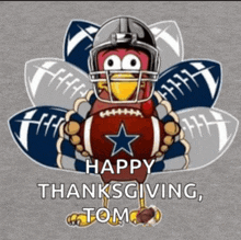 a turkey wearing a football helmet and holding a football with a cowboys logo on it