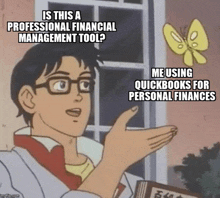 a cartoon of a man asking if this is a professional financial management tool and me using quickbooks for personal finances