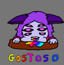 a cartoon of a purple monster with a rainbow coming out of its mouth and the word gostoso below it