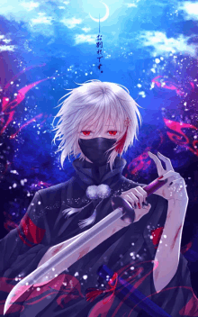 a man with white hair and red eyes is holding a bloody sword in his hand