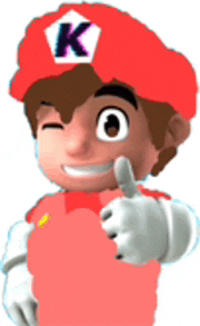 a cartoon character wearing a red hat with the letter k on it .