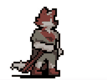 a pixel art drawing of a wolf holding a sword and wearing a scarf .